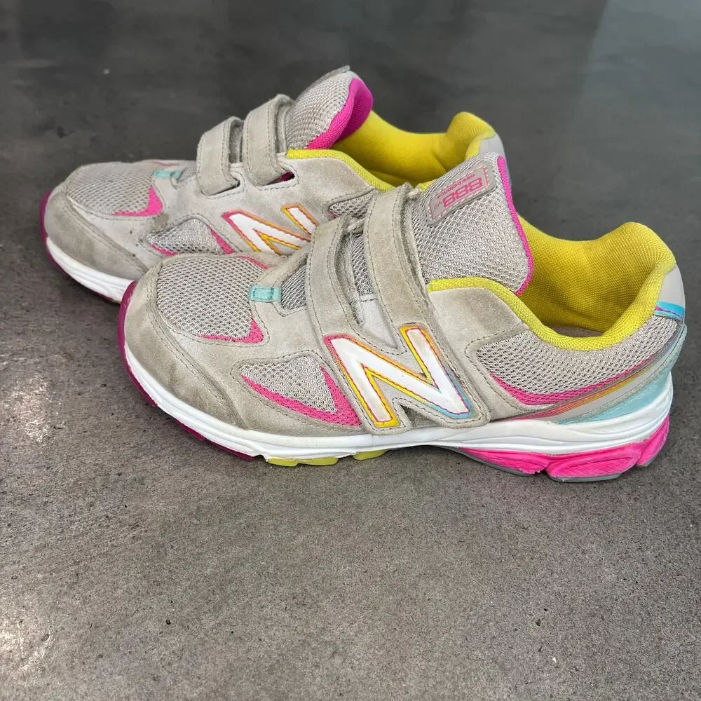 New Balance Gray pink yellow suede no lace sneakers Youth girls 2 athletic shoes